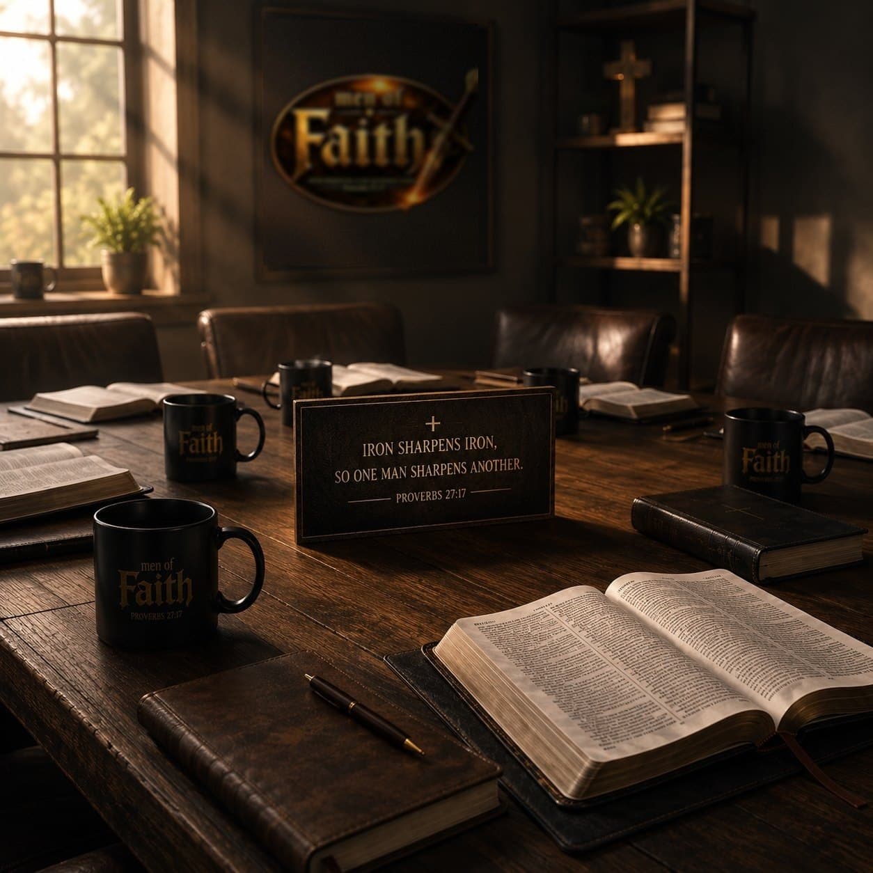 A table set for the brothers — open Bibles, Men of Faith mugs, and the Proverbs 27:17 plaque in warm light